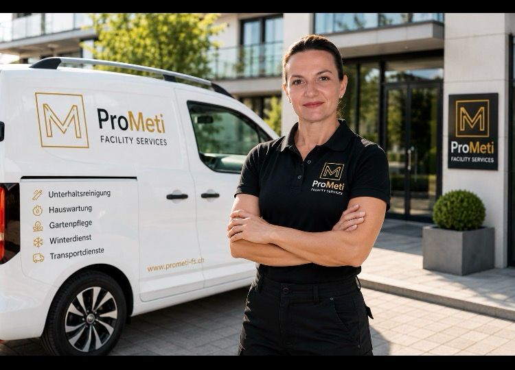 ProMeti-Mitarbeiterin neben dem Firmenwagen